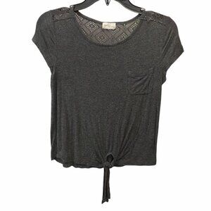 Glitz Womens M Gray Tie Front Shirt Lace Back Open Knit Short Sleeve Round Neck